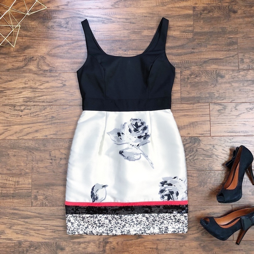Sachin + Babi • Noir mini dress sheath cocktail black grey rose print sequin
